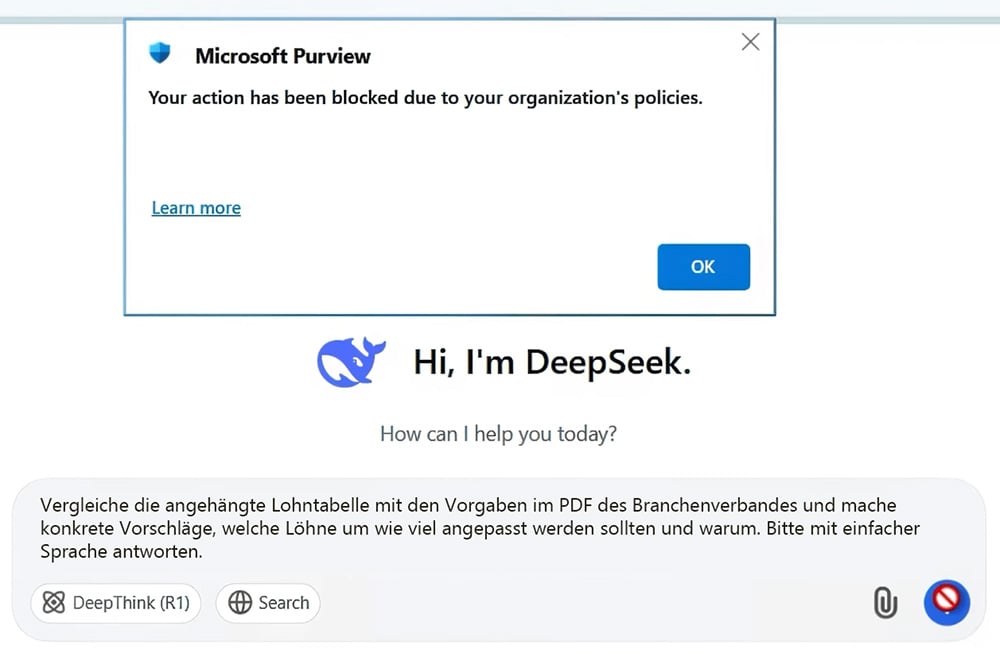 Screenshot: Microsoft Purview blockiert die Weitergabe vertrauenswürdiger Daten an einen LLM-Chat und zeigt eine Fehlermeldung an.